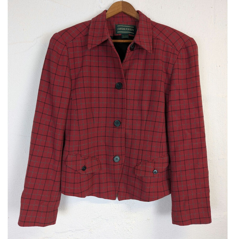 Vtg J McLaughlin Jacket Red Plaid Cropped Preppy Wool Academia Office Womens 8